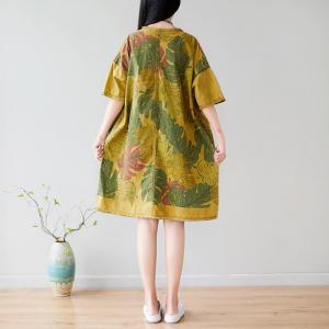 Banana Leaf Plus Size Cotton Dress Raw Hem Knee-Length Dress