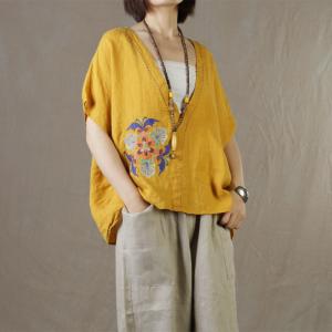 Plunging Neck Linen Blouse Plus Size Embroidered Shirts for Women