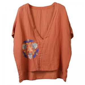 Plunging Neck Linen Blouse Plus Size Embroidered Shirts for Women