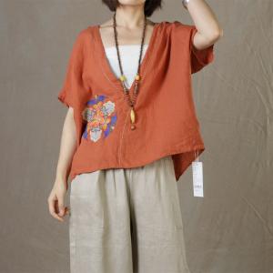 Plunging Neck Linen Blouse Plus Size Embroidered Shirts for Women