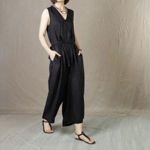 V-Neck Sleeveless Jumpsuits Linen Belted Wide Leg Jumpsuits