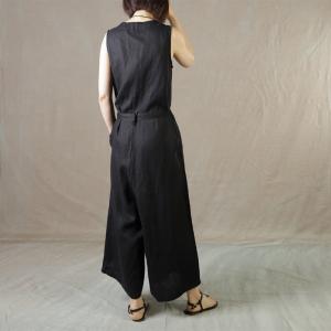 V-Neck Sleeveless Jumpsuits Linen Belted Wide Leg Jumpsuits