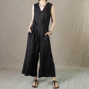 V-Neck Sleeveless Jumpsuits Linen Belted Wide Leg Jumpsuits