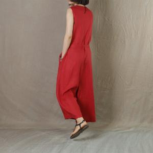 V-Neck Sleeveless Jumpsuits Linen Belted Wide Leg Jumpsuits