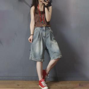 Half Length Wide Leg Denim Shorts High Rise Korean Jorts