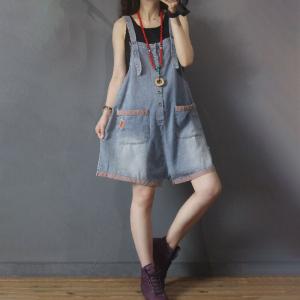 Orange Pockets Ripped Denim Rompers Summer Wide Leg Overall Shorts