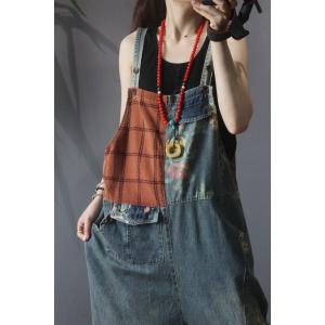 Street Style Baggy Cuffed Overalls Checkered Denim One Pieces Pants