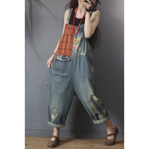 Street Style Baggy Cuffed Overalls Checkered Denim One Pieces Pants