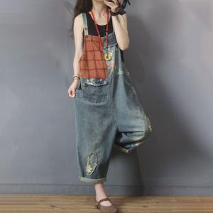 Street Style Baggy Cuffed Overalls Checkered Denim One Pieces Pants