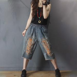 Straight Leg Baggy Embellish Jeans Raw Hem Jean Culottes