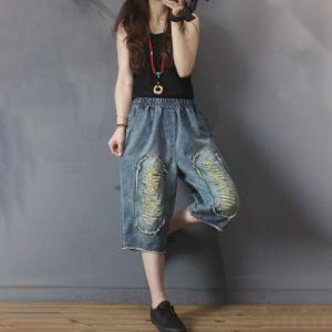 Straight Leg Baggy Embellish Jeans Raw Hem Jean Culottes