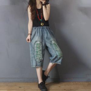 Straight Leg Baggy Embellish Jeans Raw Hem Jean Culottes