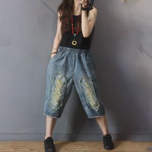 Straight Leg Baggy Embellish Jeans Raw Hem Jean Culottes