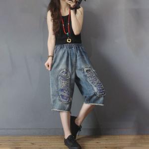 Straight Leg Baggy Embellish Jeans Raw Hem Jean Culottes