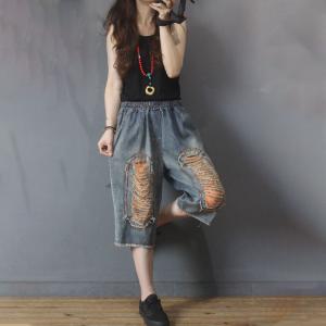 Straight Leg Baggy Embellish Jeans Raw Hem Jean Culottes