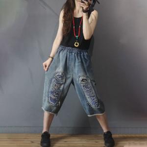 Straight Leg Baggy Embellish Jeans Raw Hem Jean Culottes