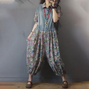 Short Sleeve Floral Jumpsuits High Rise Fluffy Blue Coveralls