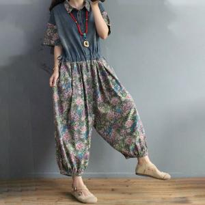 Short Sleeve Floral Jumpsuits High Rise Fluffy Blue Coveralls