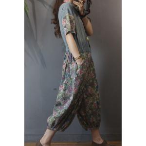 Short Sleeve Floral Jumpsuits High Rise Fluffy Blue Coveralls