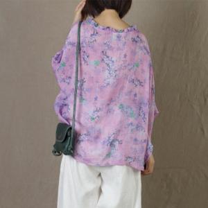 Ruffle Collar Plus Size Purple Blouse Bat Sleeve Ramie Shirt