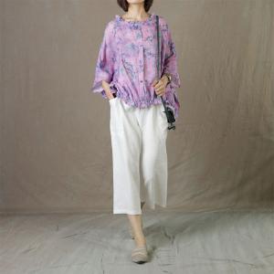 Ruffle Collar Plus Size Purple Blouse Bat Sleeve Ramie Shirt