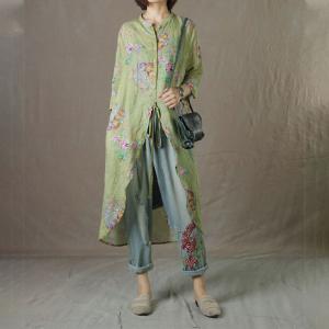 Long Sleeve Printed Long Tunic Asymmetrical Ramie Belted Shirt