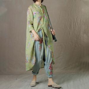 Long Sleeve Printed Long Tunic Asymmetrical Ramie Belted Shirt