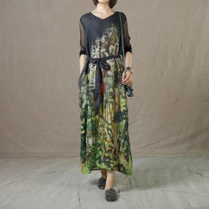 Silk Sleeves V-Neck Ramie Shift Dress Green Printed Wrap Dress