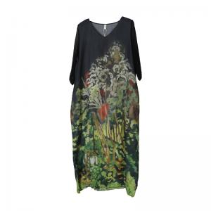 Silk Sleeves V-Neck Ramie Shift Dress Green Printed Wrap Dress