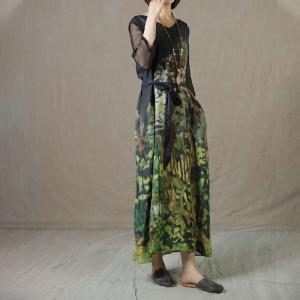 Silk Sleeves V-Neck Ramie Shift Dress Green Printed Wrap Dress