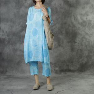 Blue Polka Dot Long Shirt with Ramie Cropped Pants