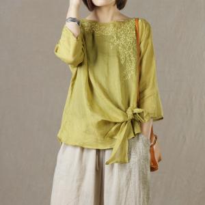 Bowknot Ramie Oversized Shirt Bright Colors Embroidered Shirt for Women