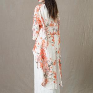 Tied Up Ramie Printed Tunic Loose-Fitting Summer Flax Clothing