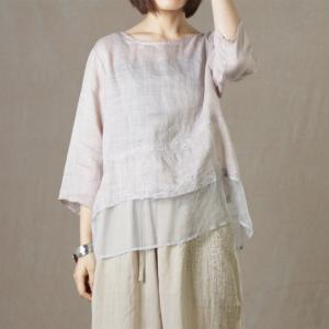 Silk Splicing Embroidered Shirt Ramie Sheer Blouse