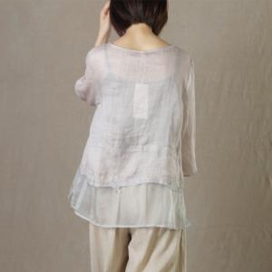 Silk Splicing Embroidered Shirt Ramie Sheer Blouse