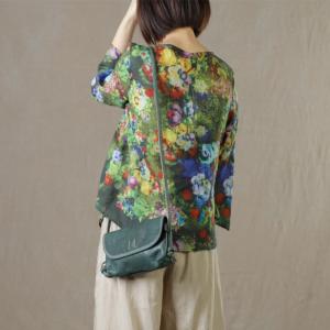 V-Neck Green Prints Short Kimono Ramie Vintage Belted Shirt