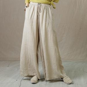 Solid Colors Embroidered Casual Slacks Ramie Wide Leg Trousers
