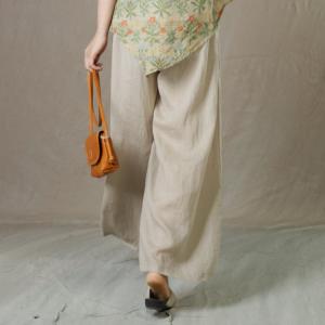 Solid Colors Embroidered Casual Slacks Ramie Wide Leg Trousers