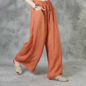 Solid Colors Embroidered Casual Slacks Ramie Wide Leg Trousers in ...