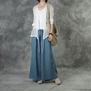 Summer Style Wide Leg Pants Ramie Embroidered Trousers