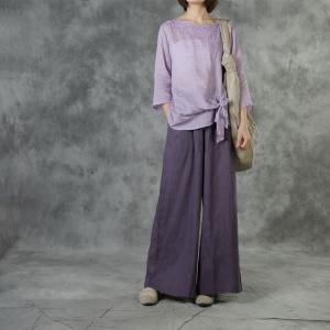 Summer Style Wide Leg Pants Ramie Embroidered Trousers