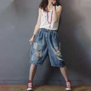 Street Style Patchwork Long Denim Shorts Baggy Distressed Jorts