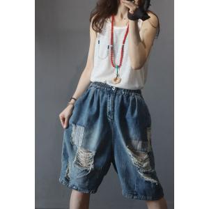 Street Style Patchwork Long Denim Shorts Baggy Distressed Jorts