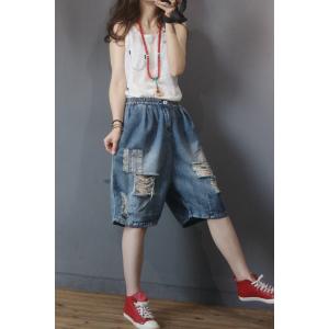 Street Style Patchwork Long Denim Shorts Baggy Distressed Jorts