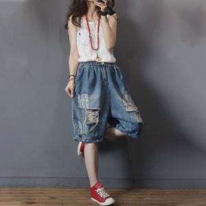 Street Style Patchwork Long Denim Shorts Baggy Distressed Jorts