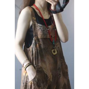 Brown Printed Balloon Overalls Loose Cotton Linen One Piece