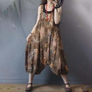 Brown Printed Balloon Overalls Loose Cotton Linen One Piece