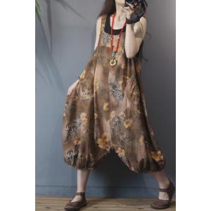 Brown Printed Balloon Overalls Loose Cotton Linen One Piece
