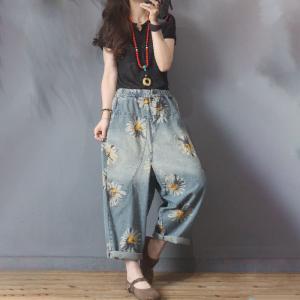 Sunflowers Pattern 90s Baggy Jeans Womens Cuffed Jeans