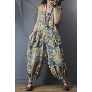 Big Pockets Fluffy Printed Jumpsuits V-Neck Sleeveless Jumpsuits